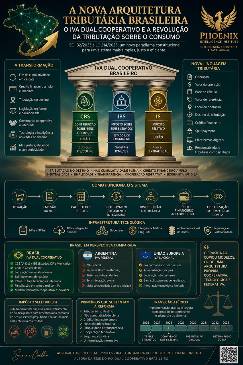 Infográfico sobre a nova arquitetura tributária brasileira, o IVA Dual Cooperativo e a comparação entre Brasil, Argentina e União Europeia